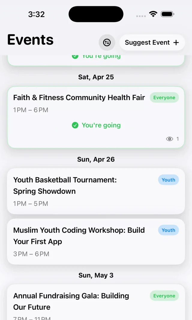 The Events tab in the Baab app, listing upcoming events by date.