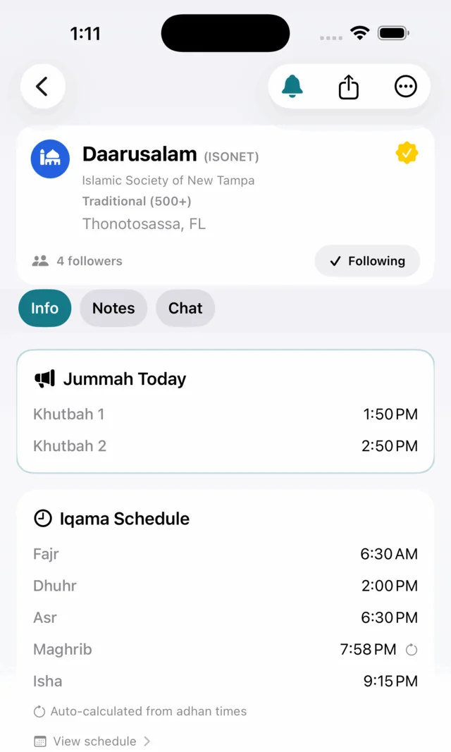 A masjid's page in the Baab app, with today's Jummah khutbah times and the five iqama times.