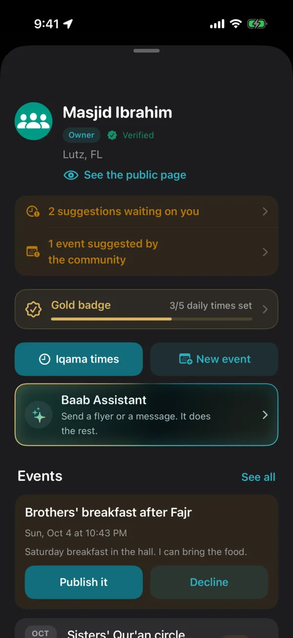 The masjid's page in Manage on iPhone, in dark mode: what is waiting, the Gold badge progress, Iqama times, New event and the Baab Assistant button.