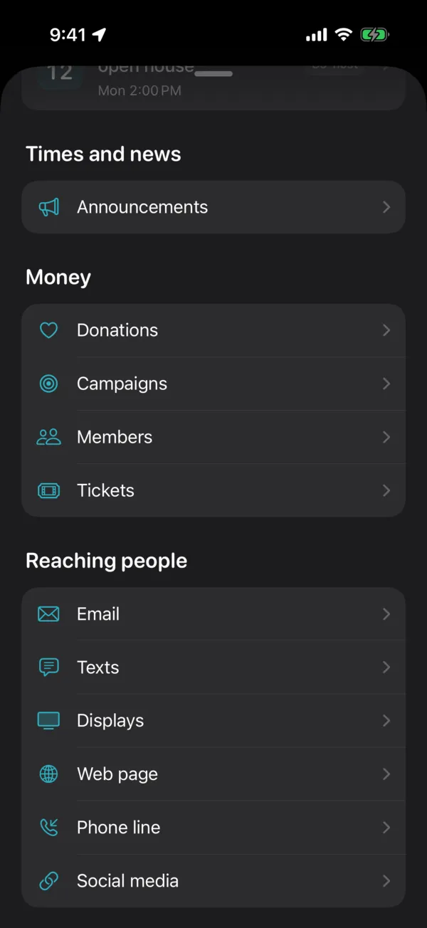 The Manage tools on iPhone, in dark mode, grouped under Times and news, Money, Reaching people and The mosque.
