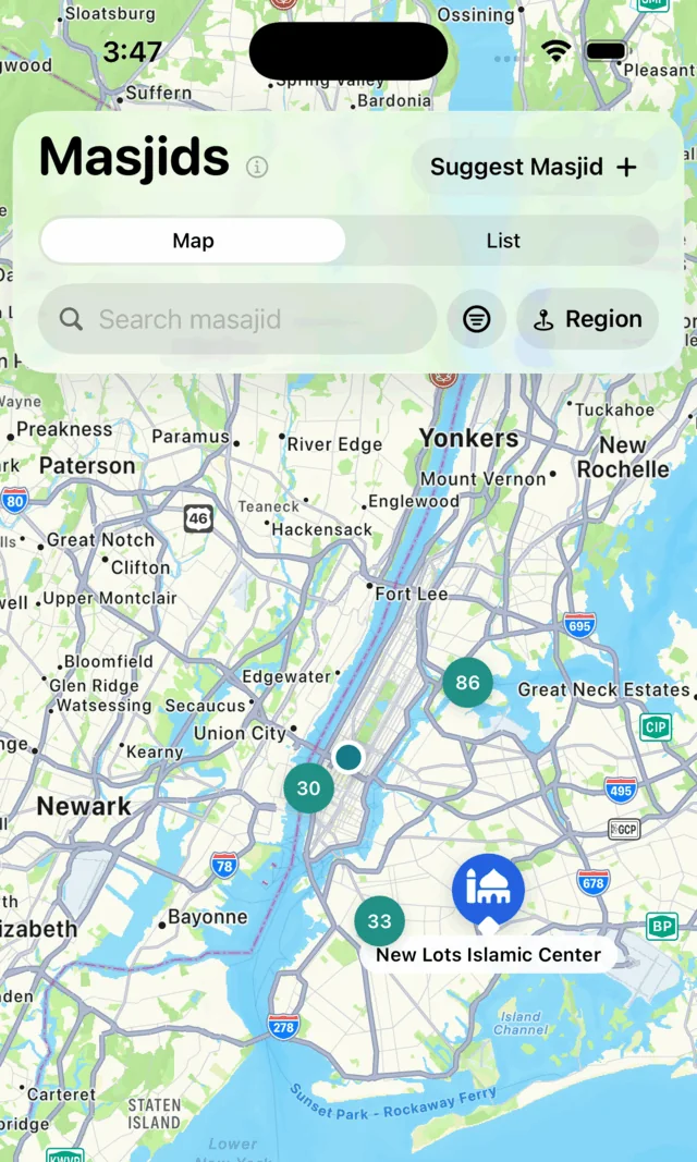 The Masjids tab in the Baab app: a map of New York with mosques grouped by area.