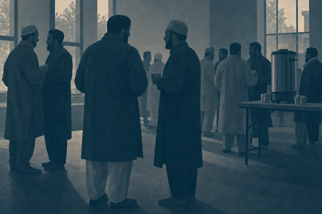 The hall after Jummah, people standing in small groups with tea.