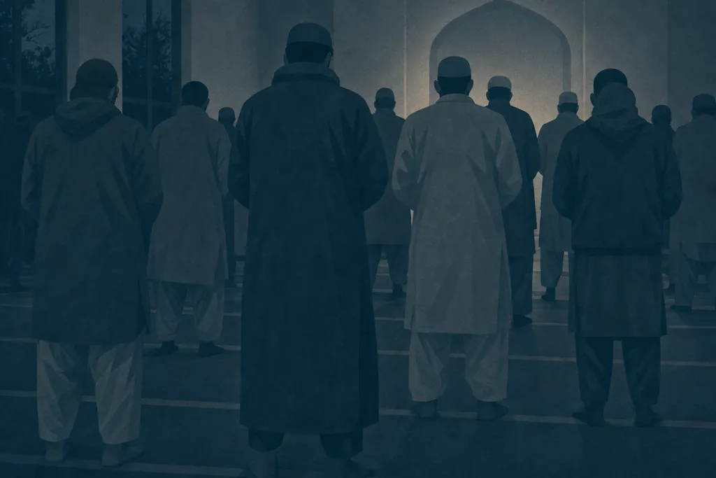 The back rows of a prayer hall at Fajr, a few people standing in prayer, seen from behind.