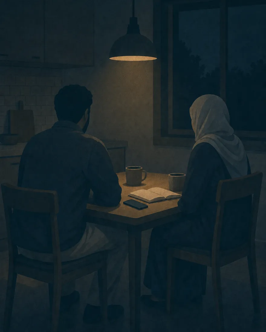 Two people at a kitchen table at night under one lamp, a phone and an open notebook between them.