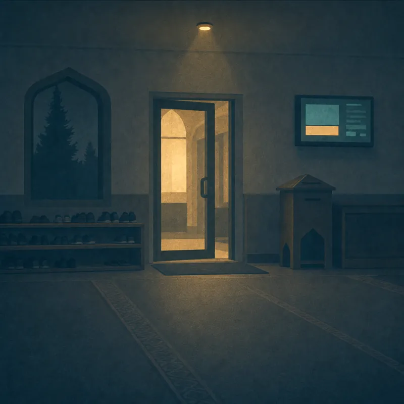 A masjid lobby at night: shoes on the rack by the door, the donation box, and the hall display on the wall.
